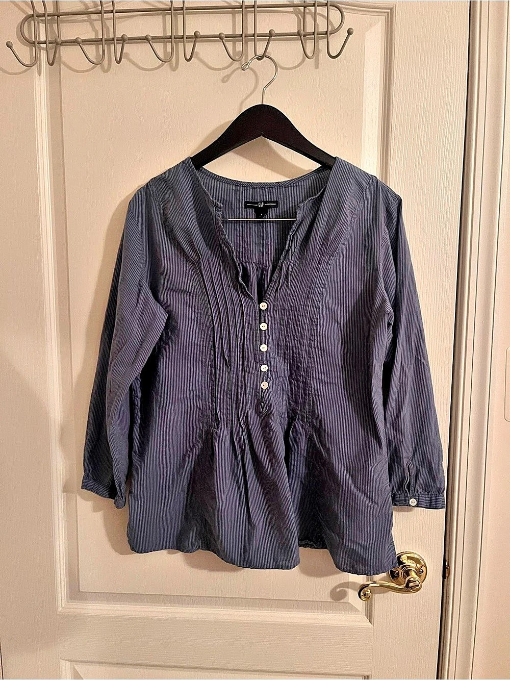 GAP Blue Striped Pintuck Peasant Blouse Cottagecore